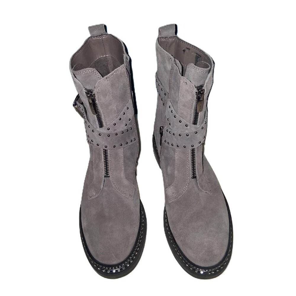 Vince Camuto Gray Suede Studded Moto Ankle Boots | Size 8